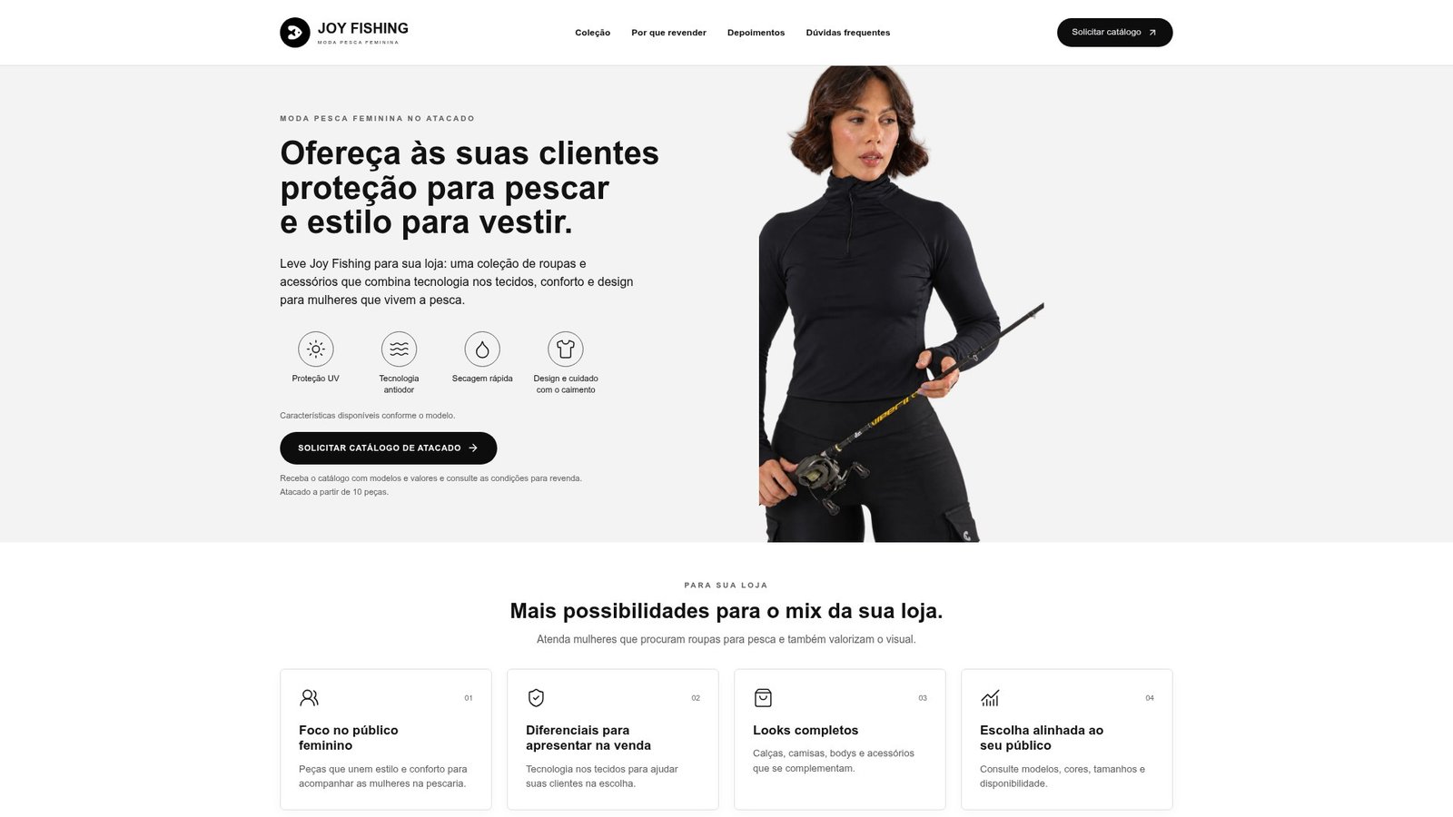 Print da landing page Joy Fishing — moda pesca feminina no atacado